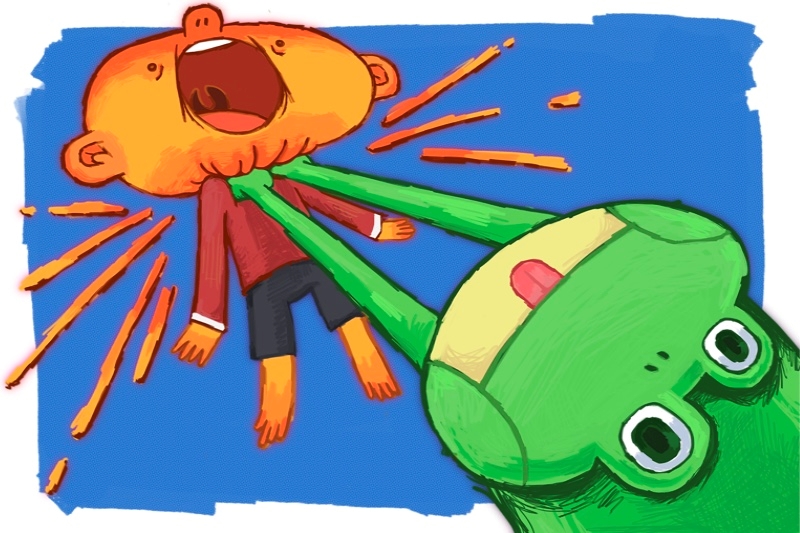  Illustration of a green frog using its extended tongue to grab a screaming cartoon character by the jacket.