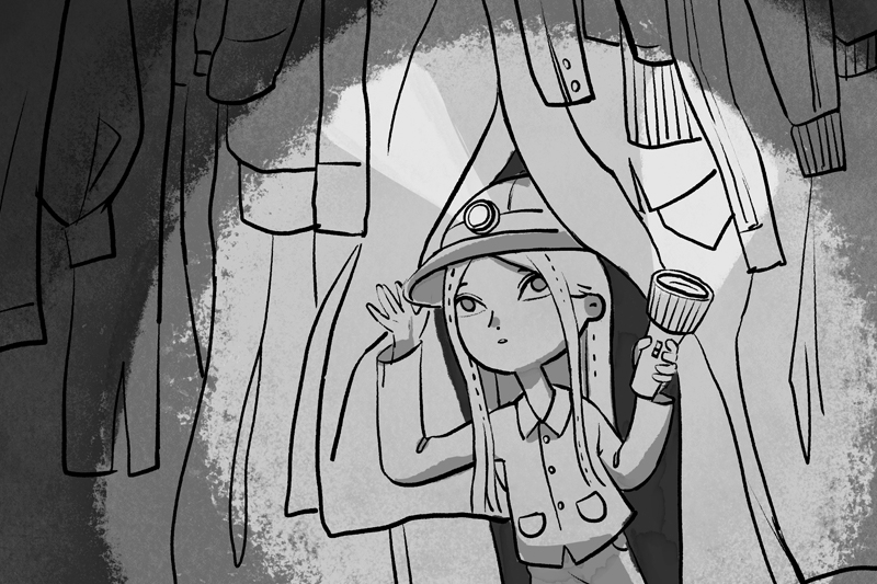 Illustration of a girl with a flashlight exploring a closet filled with hanging clothes.