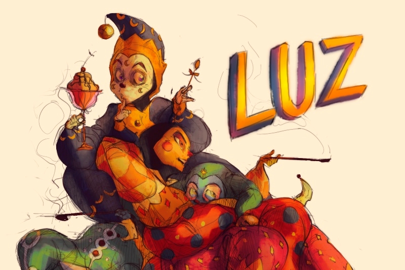 Three jester-like characters in colorful outfits with the word "LUZ" in bold letters to the right.