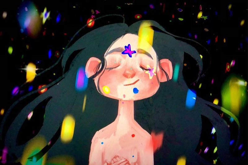 Illustration of a person with long dark hair surrounded by multicolored light particles, with closed eyes and a serene expression.