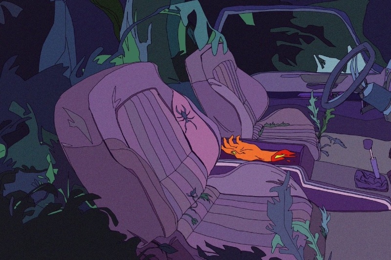 Illustration of an abandoned car overgrown with green plants and vines, with worn purple seats and an orange-red object resembling a glove on the front seat.