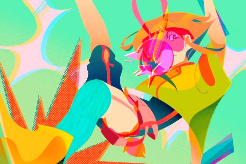 Abstract illustration of a character in motion, featuring vivid colors and dynamic shapes against a green background.