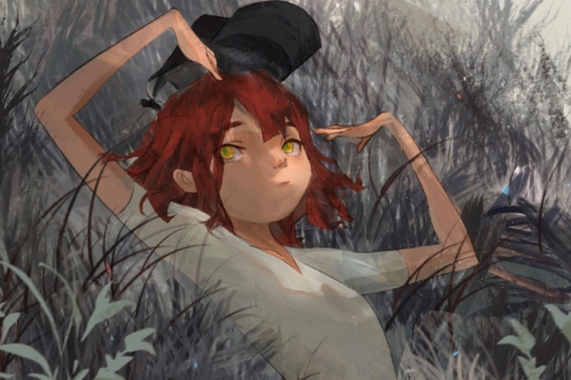 Illustration of a person with reddish-brown hair and cat-like eyes in a field of tall grass.