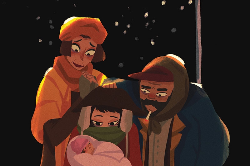 Four characters standing closely together in a snowy, nighttime setting, with two adults, a child, and a baby.