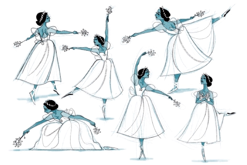 Illustration of a ballerina in six different dance poses, wearing a white tutu and holding flowers.