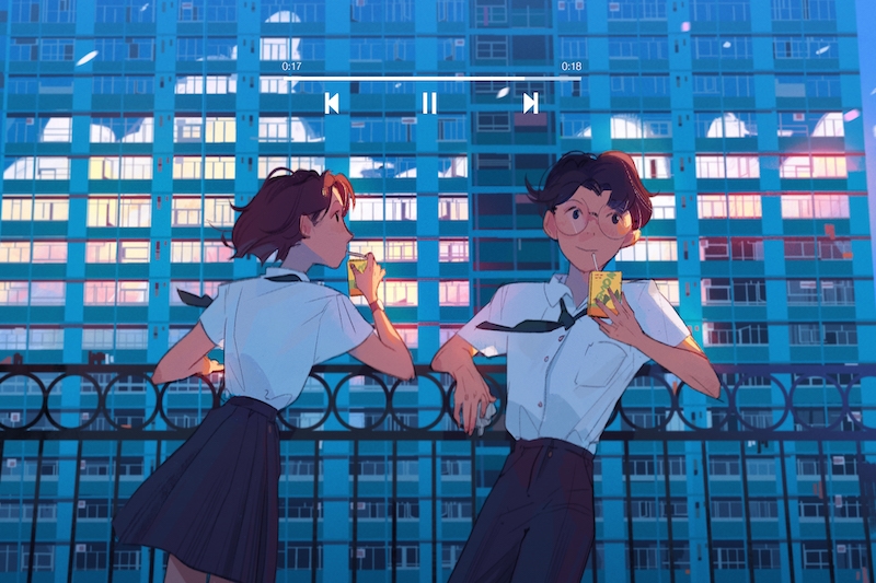 Animated scene of two school students on a rooftop with a tall building in the background, featuring a media player interface at the top.