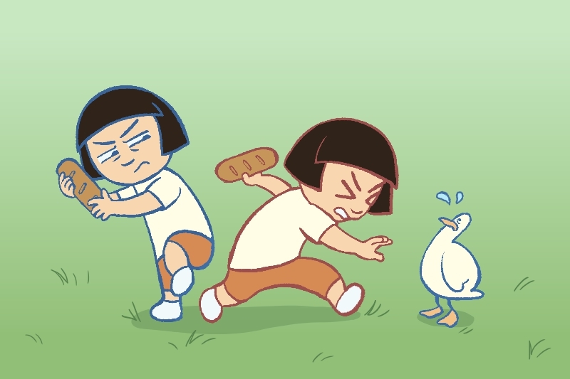 Cartoon of two children, one hesitant and one aggressive, holding bread and facing a distressed duck.