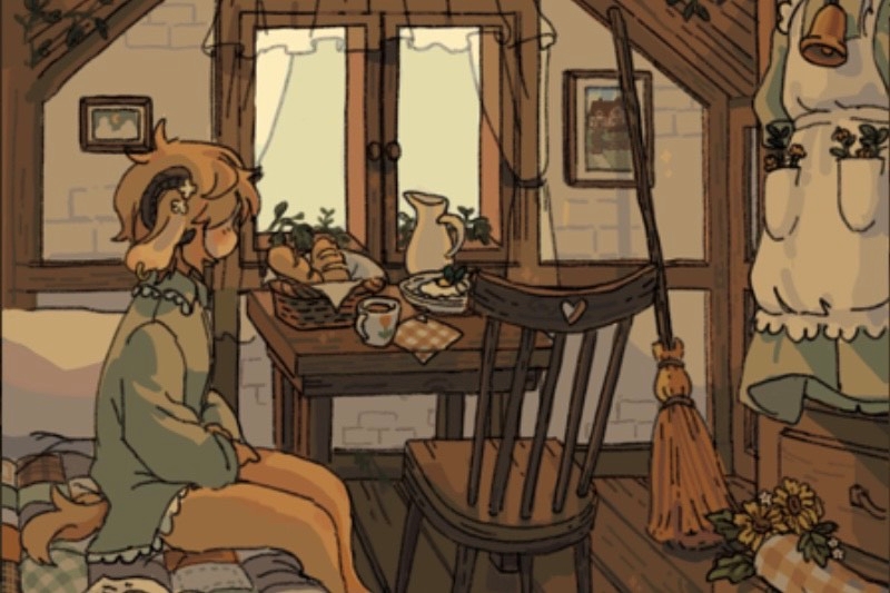 Cozy rustic room with a person in green pajamas sitting on a bed, facing a breakfast table with bread, a pitcher, and a cup.