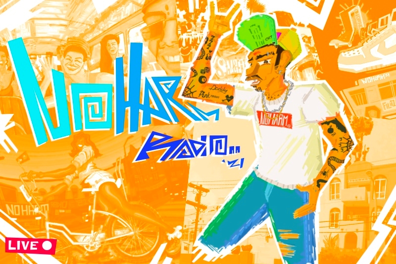 Stylized illustration featuring a character in a green hat, "NO HARM" T-shirt, and blue pants, with overlapping background elements and bold text reading "NO HARM Radio."