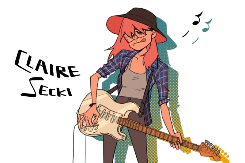 Illustration of a woman with red hair playing an electric guitar. Text: Claire Secki.