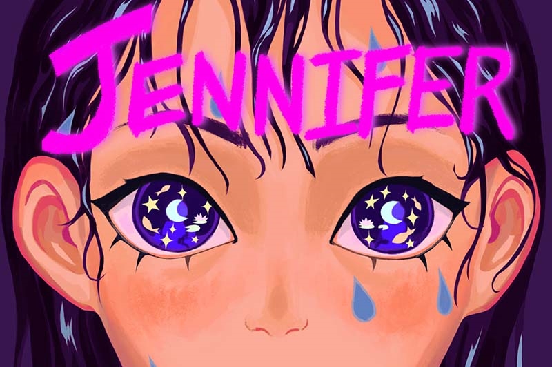 Illustration of a face with starry eyes and "Jennifer" written above in pink letters.