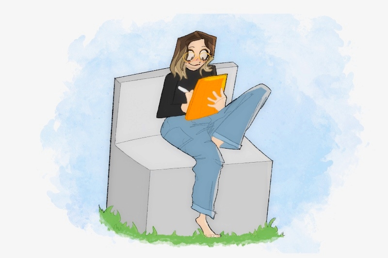  Illustration of a person sitting on a large white block, writing on an orange tablet.