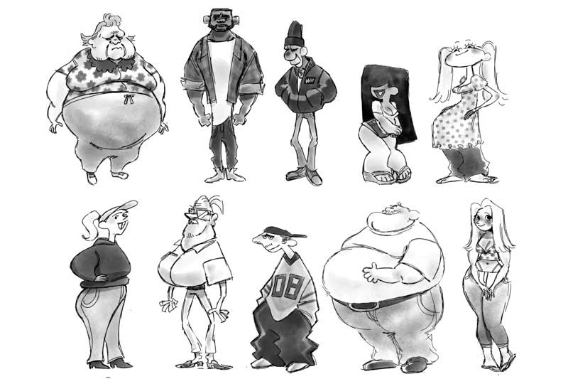 A group of ten grayscale cartoon characters in two rows, each with unique exaggerated features and clothing.