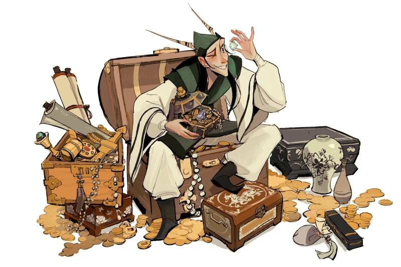 Character sitting amid chests and treasures, examining a gem.