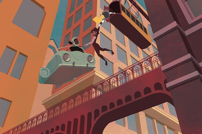 Stylized city scene with flying car, two airborne women, and yellow scooter near a red arched bridge and tall buildings.