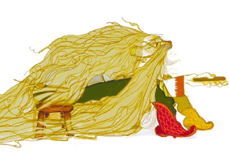 Illustration of a person with extremely long, flowing yellow hair, sitting near a green table and wooden stool, wearing green pants, and red and yellow patterned boots, holding a comb.