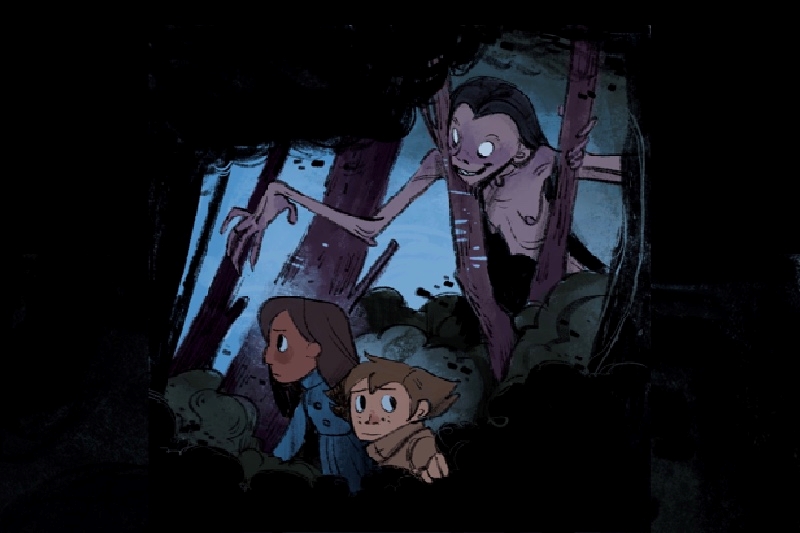 Two worried children in the forest with a menacing figure in the background.