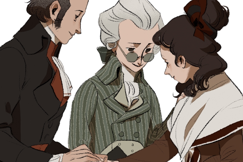 Illustration of three individuals dressed in 18th-century clothing, leaning in closely together.