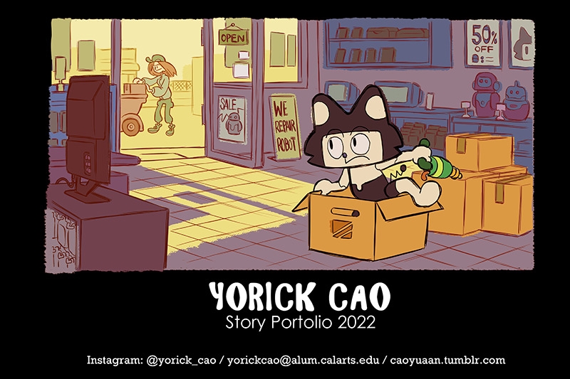 Cartoon illustration of a cat-like character in a cardboard box inside a well-lit store with a "We Repair Robot" sign and 50% off sale.