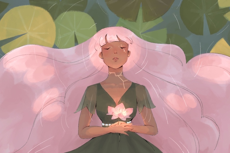 Illustration of a serene young woman with long pink hair holding a glowing pink flower against a background of large green leaves.