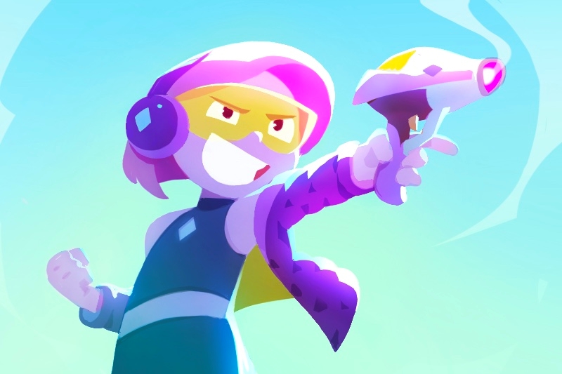 Animated character with pink hair and a yellow mask, holding a ray gun against a blue sky background.