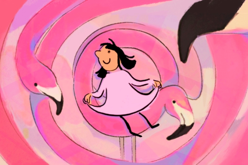 Animated girl in a pink dress surrounded by swirling, intertwined flamingos.