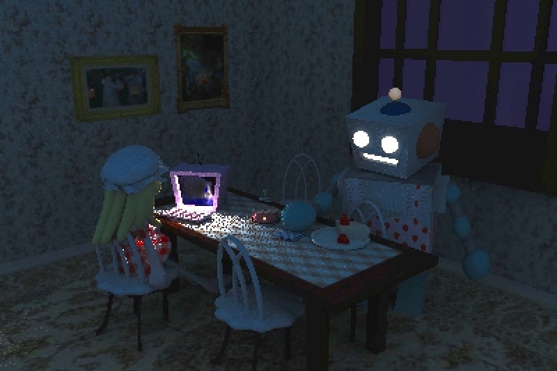 A robot and a doll sit at a table with a glowing laptop in a dimly-lit room.