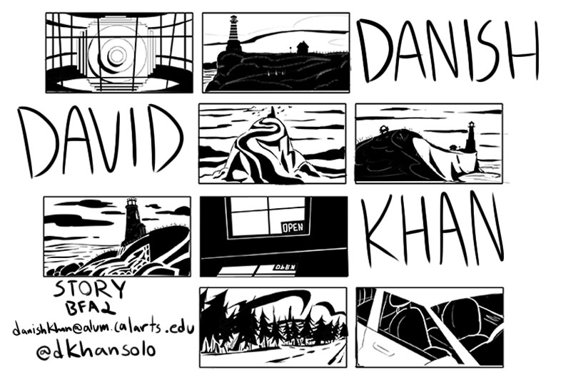 A storyboard with black-and-white illustrations, including scenes of a lighthouse, mountains, a car interior, and the text "DAVID DANISH KHAN story BFA danishkhan@alum.calarts.edu @dkhansolo".