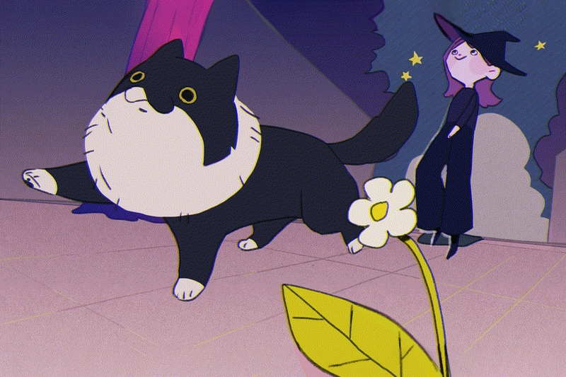 Cartoon illustration of a black-and-white cat walking with a person in a witch's outfit in the background.