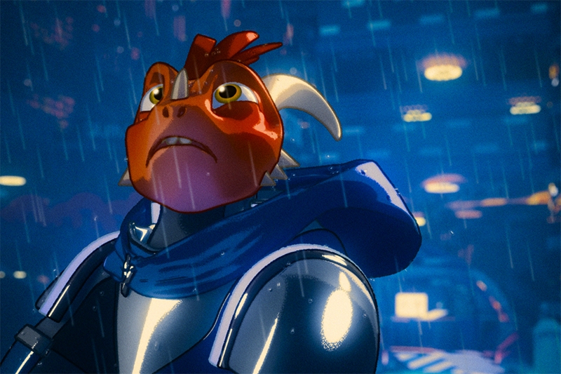 Animated reptilian character in silver armor and blue cloak in a rainy, futuristic setting.