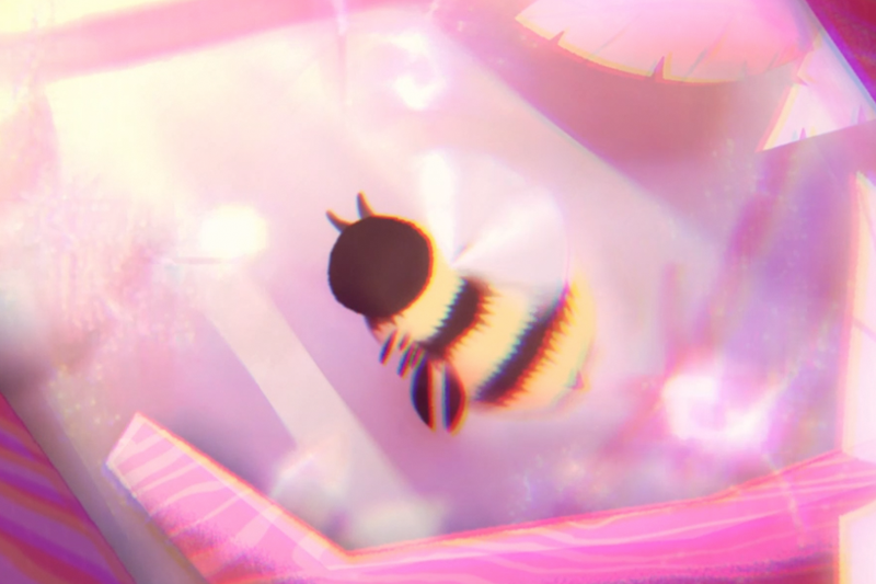 Animated close-up of a bee with a striped body and abstract pink background.