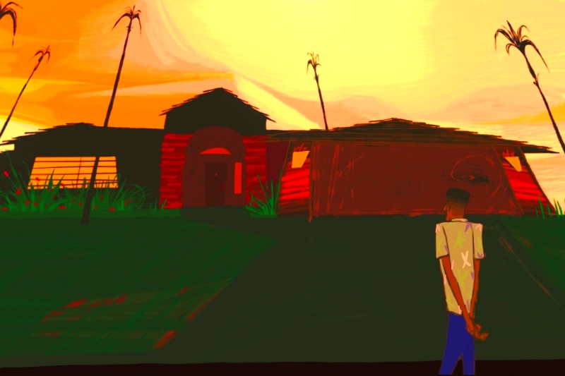 Artistic depiction of a man standing in front of a modern house at sunset with tall trees around.