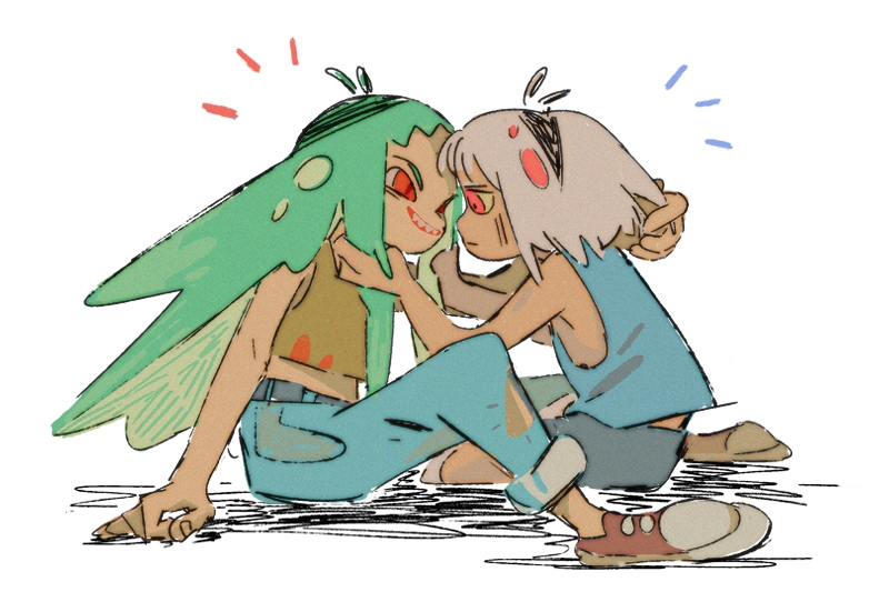 Two animated characters sitting on the ground, leaning towards each other, with one having long green hair and the other with short white hair.