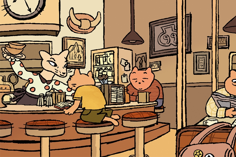 Illustration of a cafe scene with anthropomorphic animals, showing a counter attendant serving seated customers.