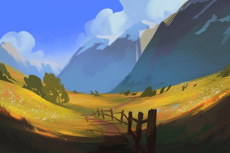 Illustration of a grassy valley with a wooden fence and a dirt path leading towards distant mountains under a blue sky with scattered clouds.