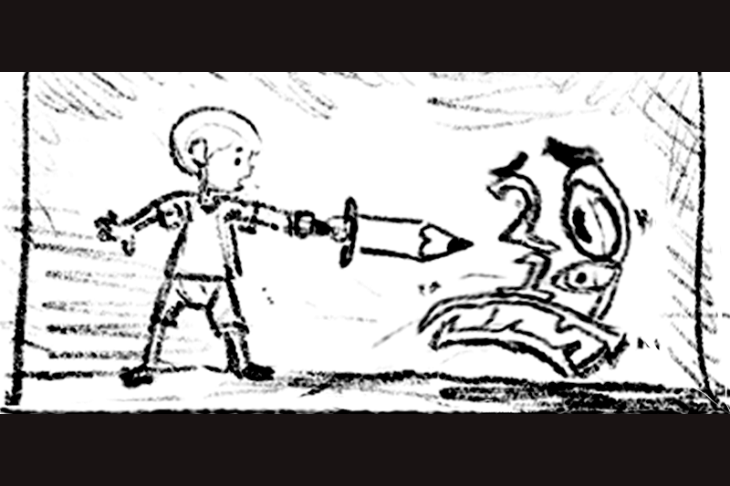 Sketch of a child holding a sword towards a large abstract face.