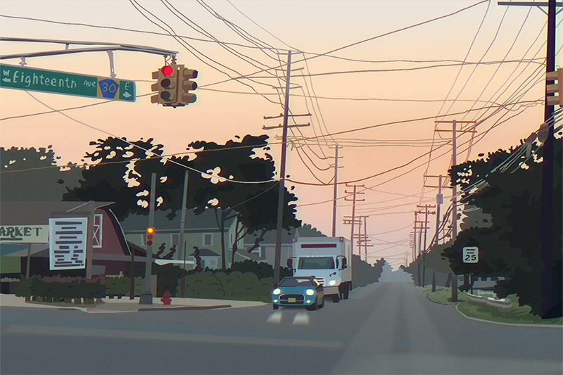 Suburban street at dawn or dusk with vehicles, traffic light, and power lines.