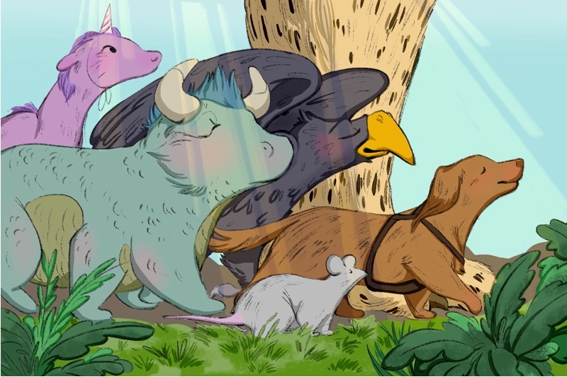 Five animals, including a purple unicorn, a greenish horned creature, an eagle, a dog, and a white mouse stand together in a grassy, sunlit forest clearing.