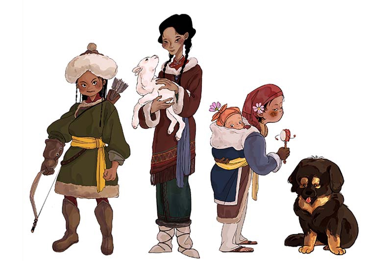 Five characters standing in a line, from left to right: a person with a bow and arrows, a person holding a goat, a person carrying a baby, another person with a rattle, and a large black and tan dog.