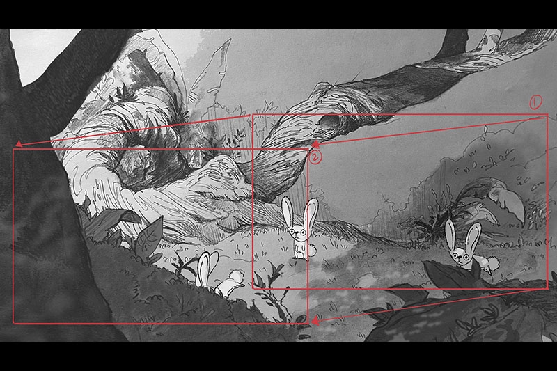 Grayscale illustration of a forest scene with four rabbits and a large twisted tree. Red lines and annotations are overlaid.