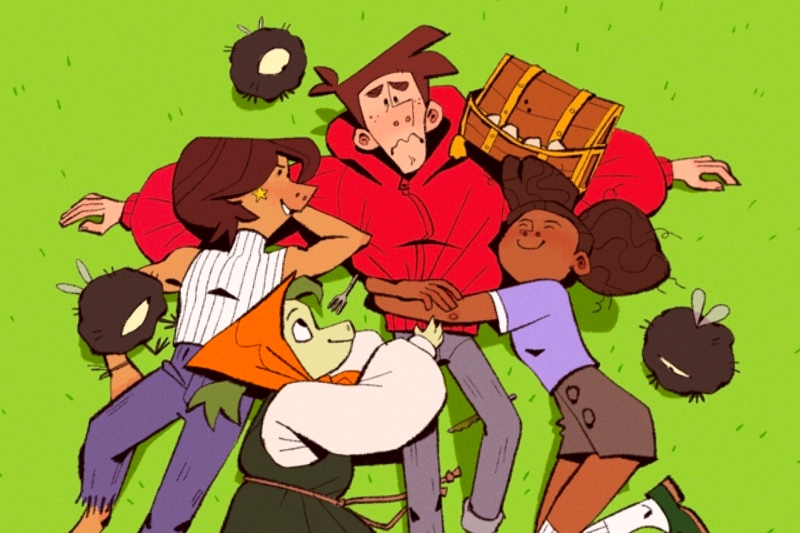 Four animated characters lying on grass, surrounded by small black creatures.