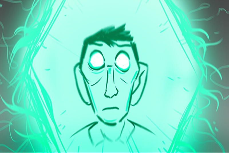 Stylized illustration of a person with glowing white eyes surrounded by a bright green hexagonal light.