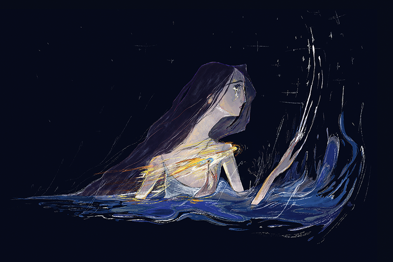 Illustration of a woman with long hair in a body of water against a dark background.