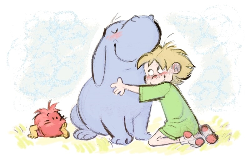 A child hugs a large blue dog while a small red bird-like creature sits nearby on the ground.