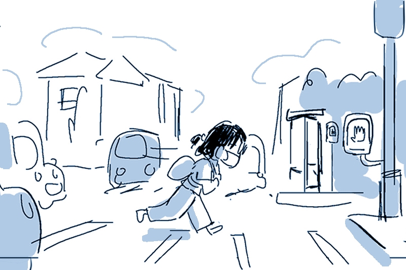 A girl with a backpack running across a street in an urban area.