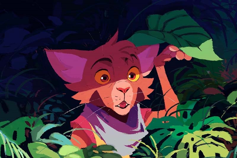 Animated reddish-brown cat in the jungle lifting a leaf and looking surprised.