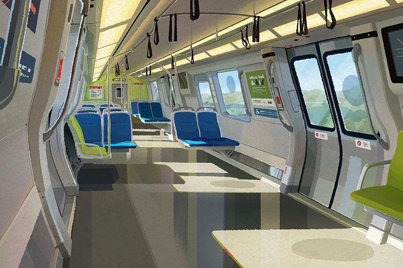 Interior of an empty, modern train car with blue seats, natural light, and green seats visible through large windows.