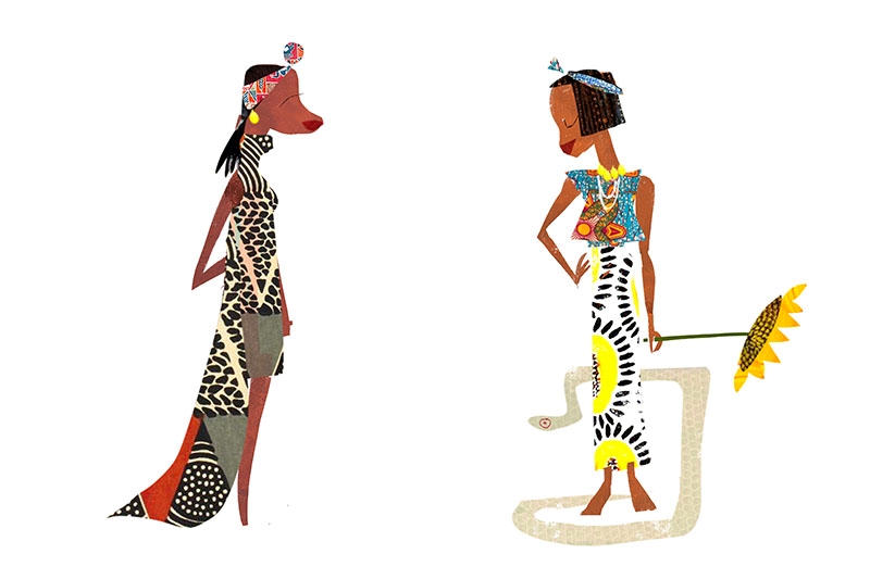 Two stylized women in patterned dresses facing each other, one holding a sunflower and a snake coiling around her feet.