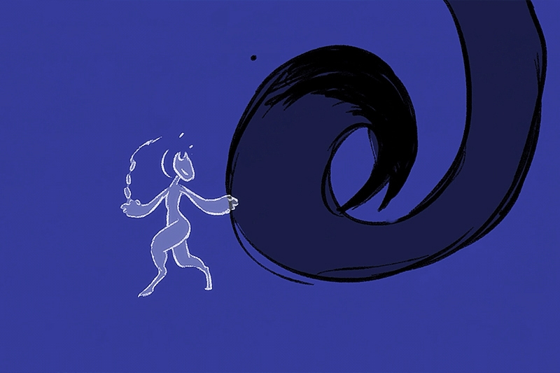 Abstract humanoid figure touching a large swirling shape on a blue background.