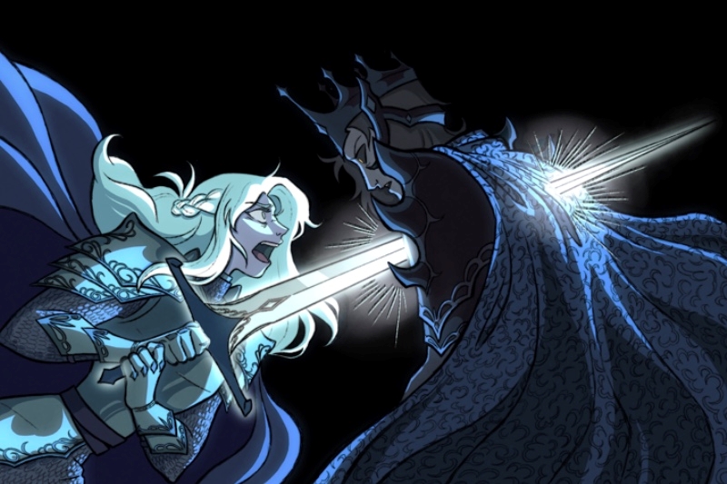 Two armored characters battle, one with a shining sword and light hair, striking a dark armored figure.